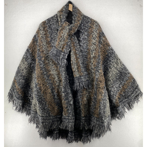 OSCAR DELA RENTA FOR ACCESSORY STREET Poncho Wool Blend Cape Wrap Fringed Gray